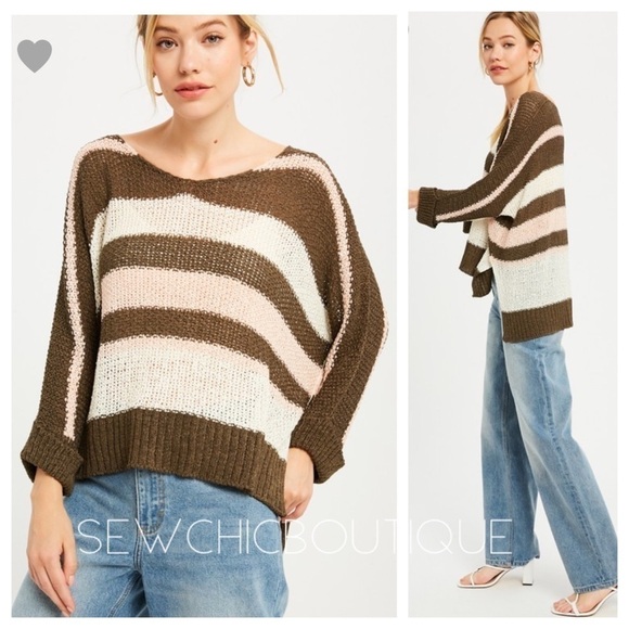 Light Overisized Olive Striped V-Neck Sweater - Picture 1 of 5